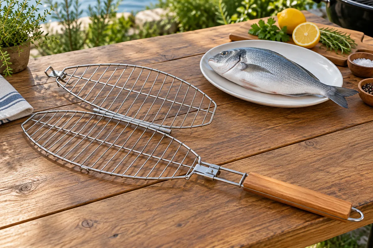 Ein geöffneter Fischgrillkorb neben einem Fisch — KI-Illustration