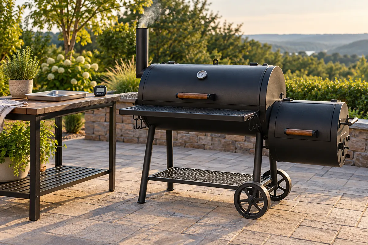 Ein Offset-Smoker auf einer gepflasterten Terrasse — KI-Illustration