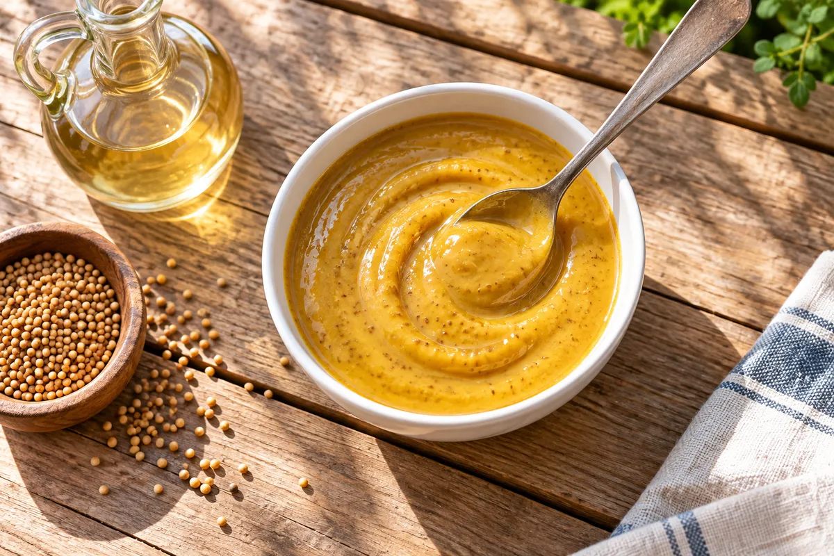 Goldene Senf-Barbecuesauce in einer Schale — KI-Illustration