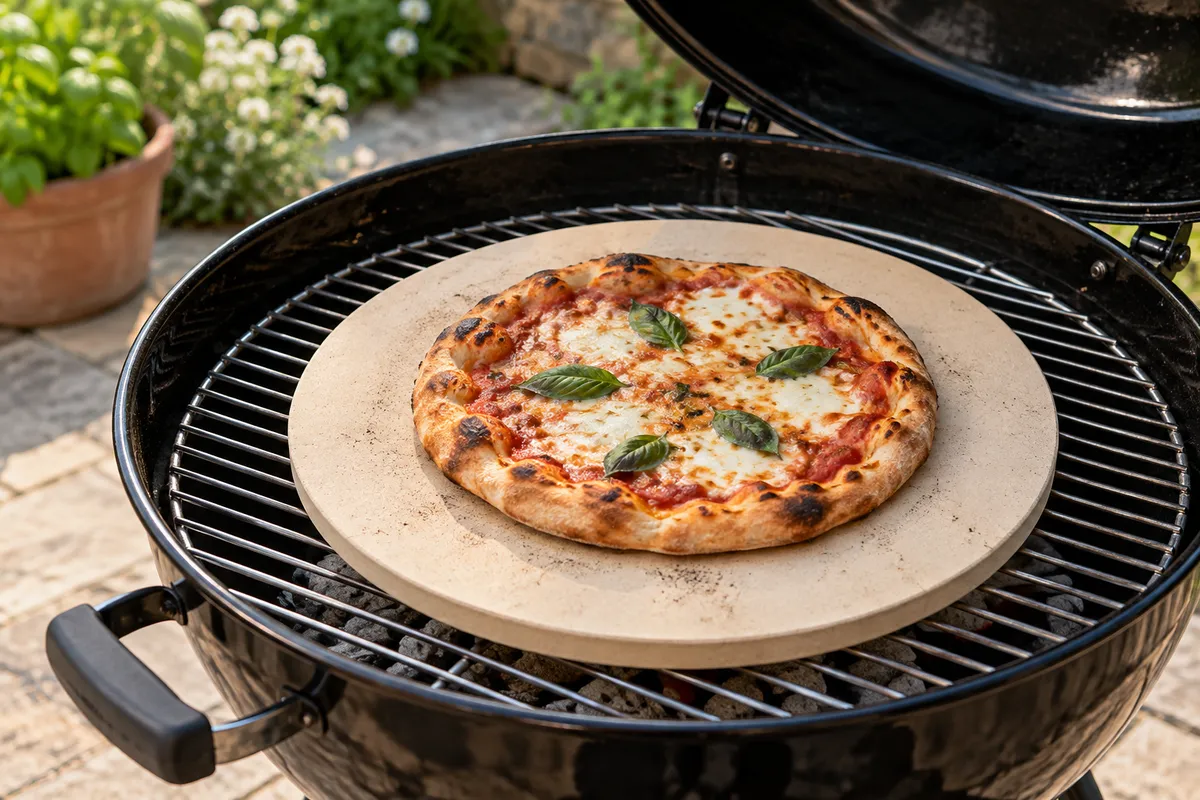Pizza auf einem Stein im Grill — KI-Illustration