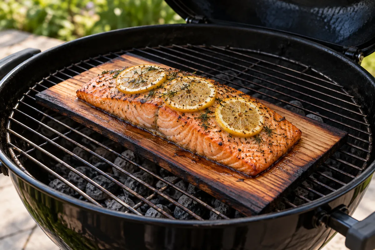 Salmon cooking on a cedar plank — AI illustration