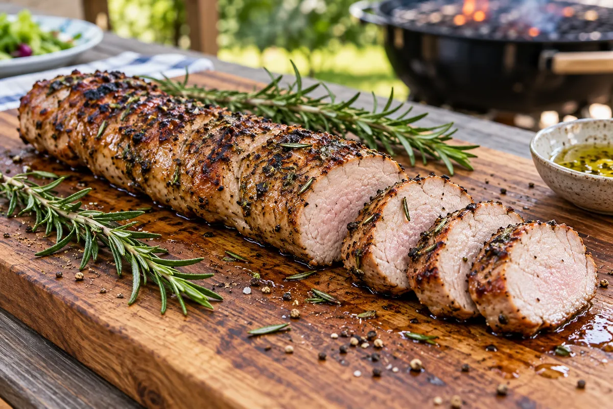 Aufgeschnittenes gegrilltes Schweinefilet mit Rosmarin — KI-Illustration