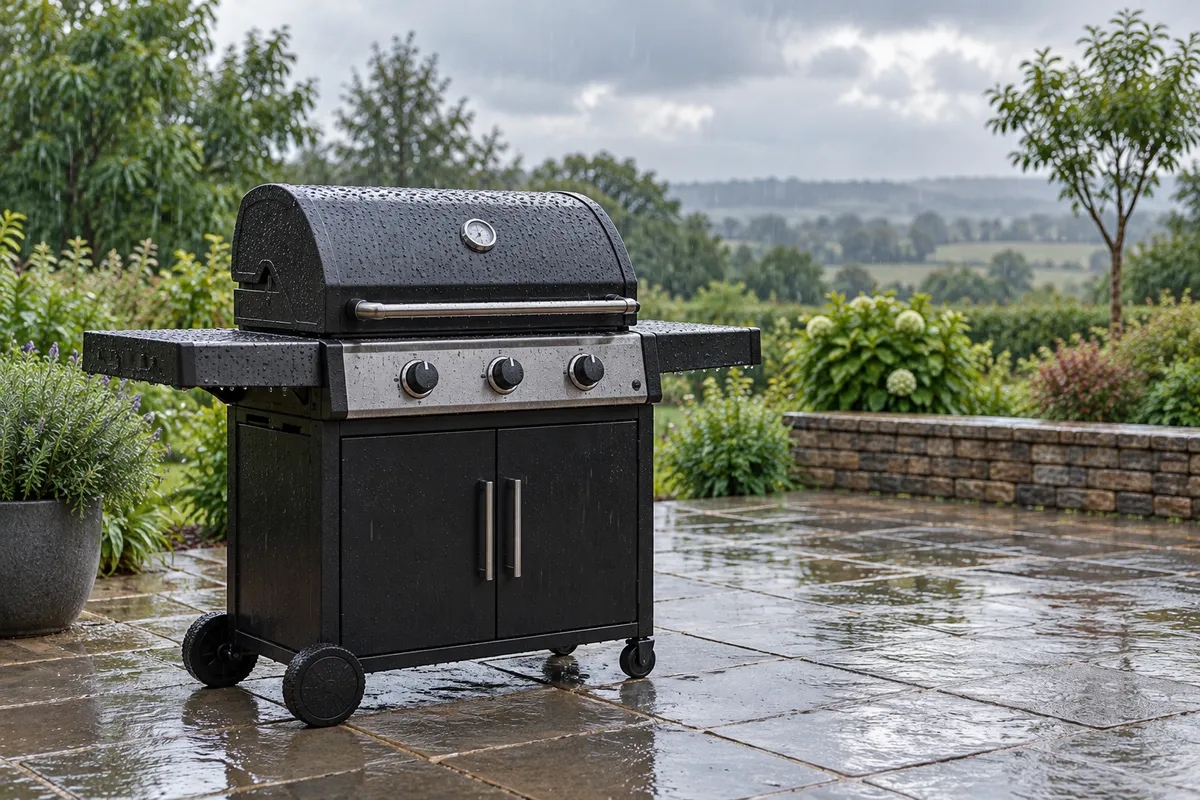 An unlit grill in rainy weather — AI illustration