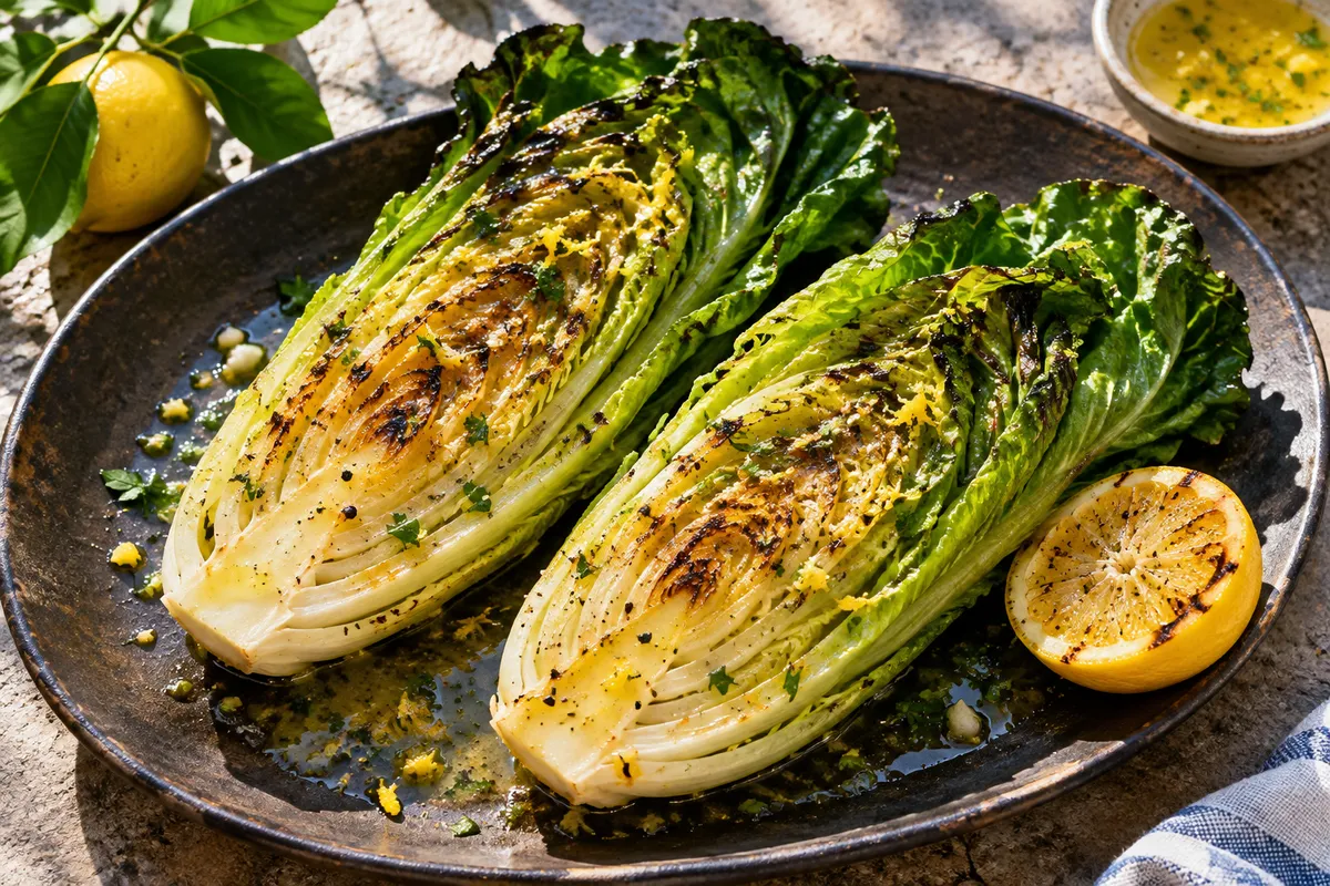 Gegrillte Romanasalathälften — KI-Illustration