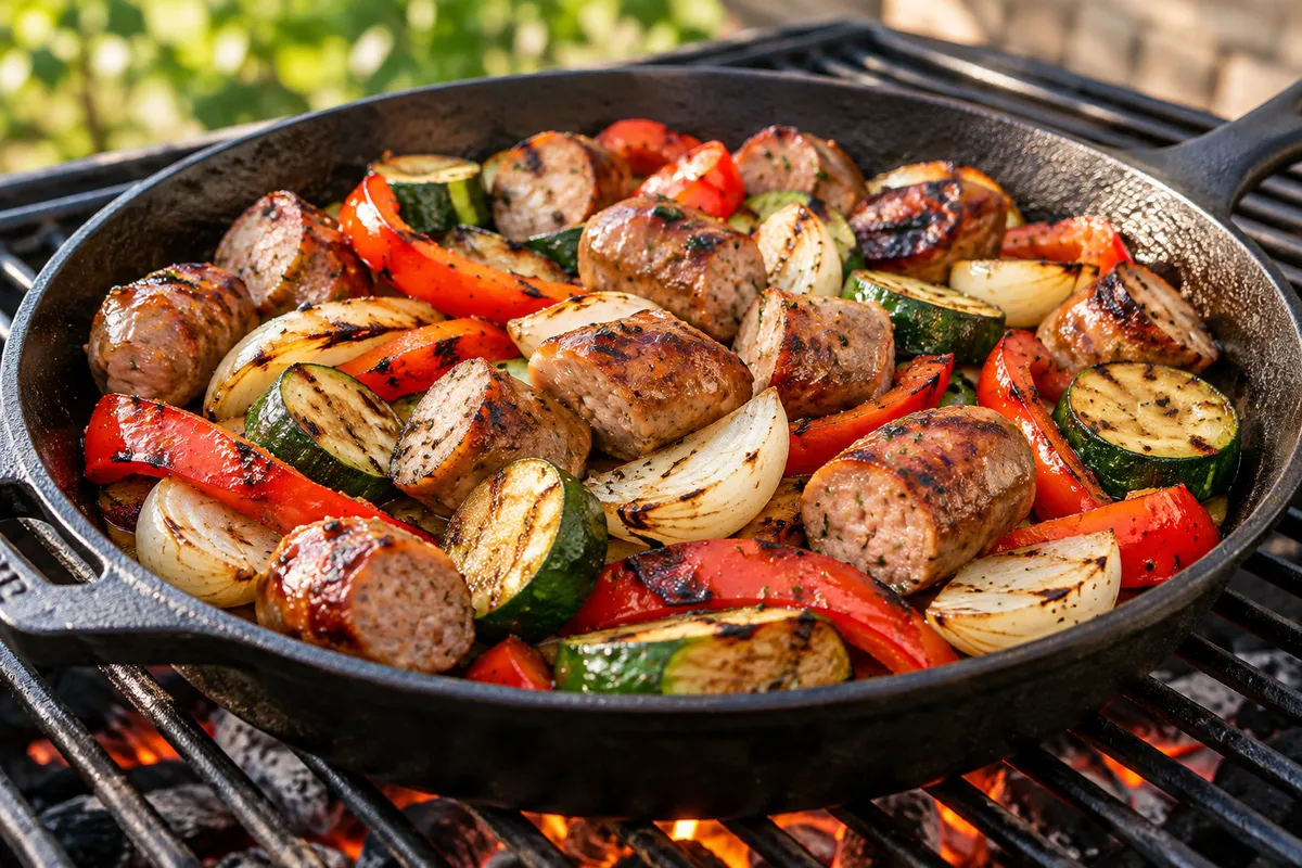 Würste und Gemüse in einer Grillpfanne — KI-Illustration