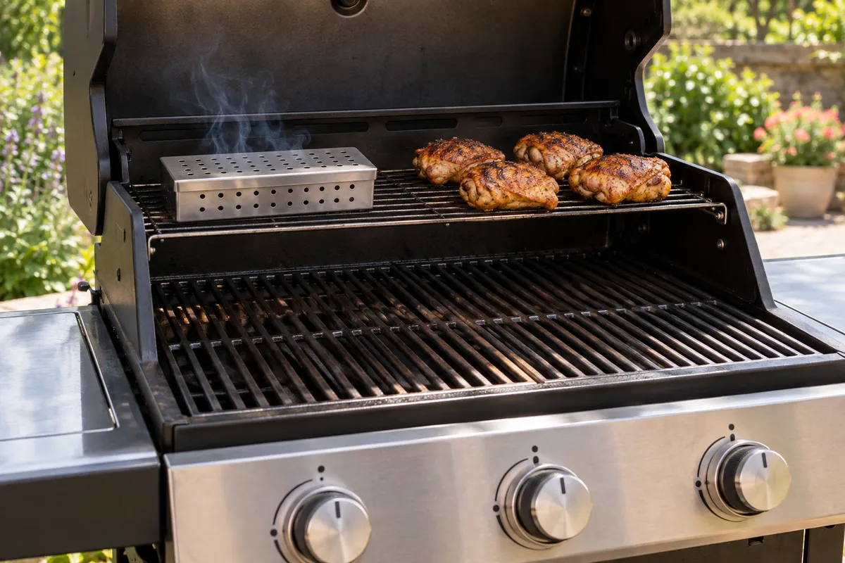 Eine Räucherbox in einem Gasgrill — KI-Illustration