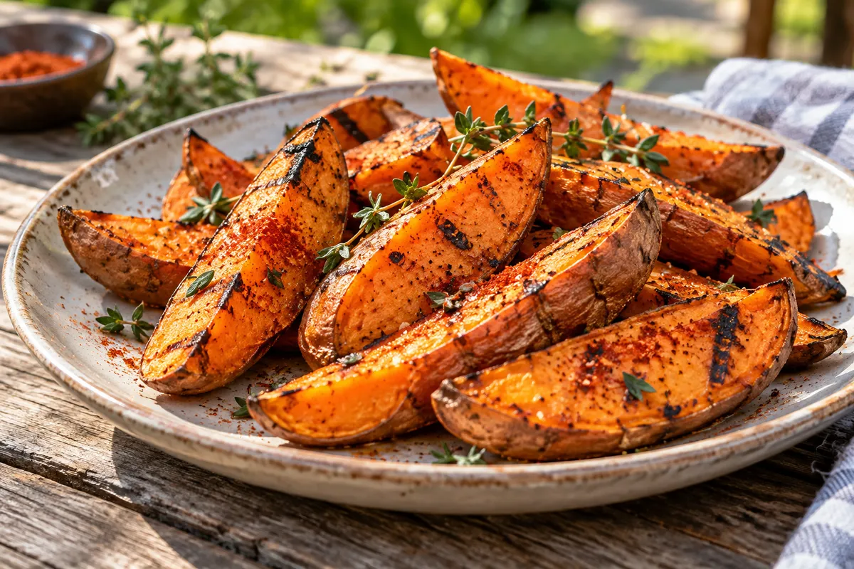 Gegrillte orangefarbene Süßkartoffelspalten — KI-Illustration