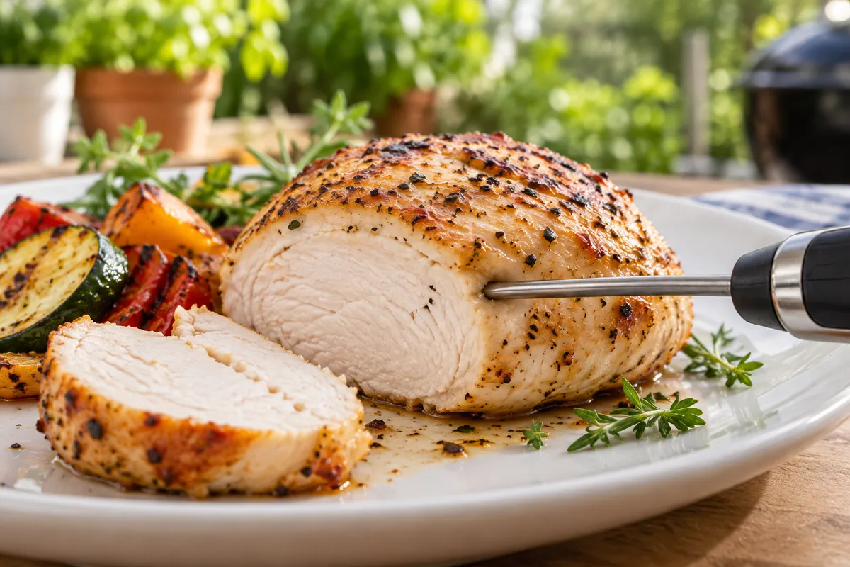 A food thermometer inserted into chicken — AI illustration