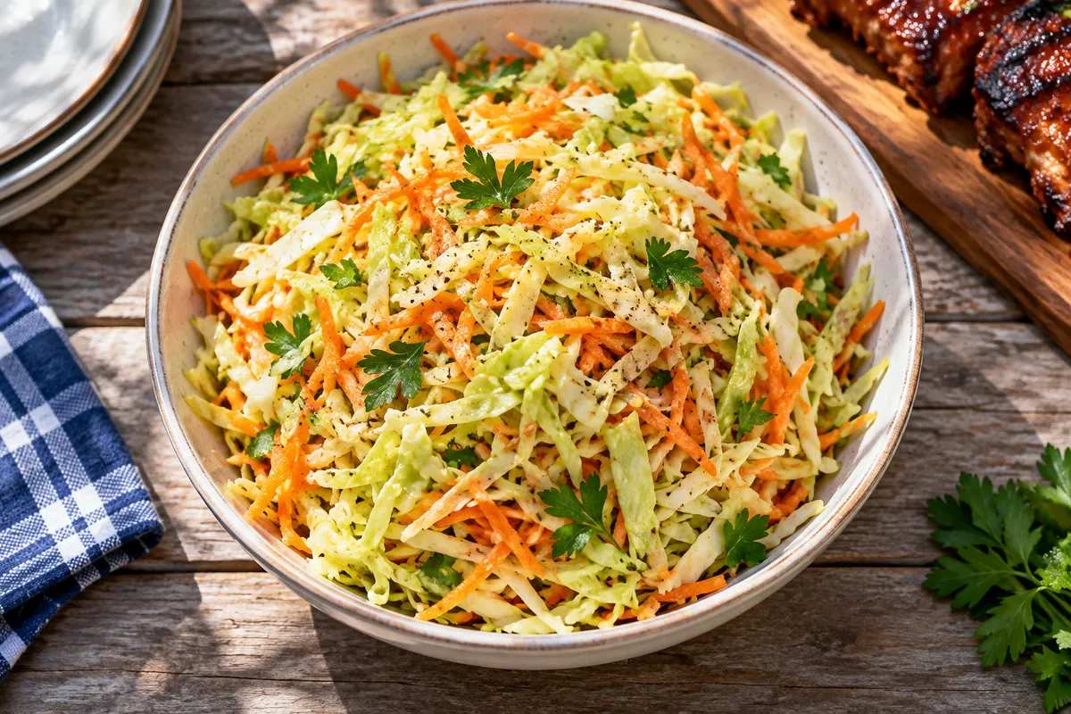 Fein geschnittener Kohl und Möhren mit Vinaigrette — KI-Illustration