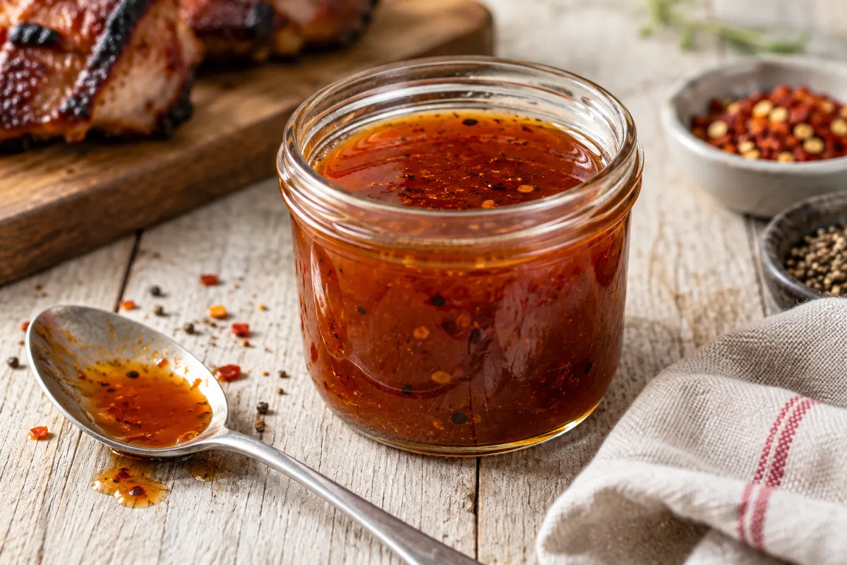 Dünnflüssige Essig-Barbecuesauce mit Gewürzen — KI-Illustration