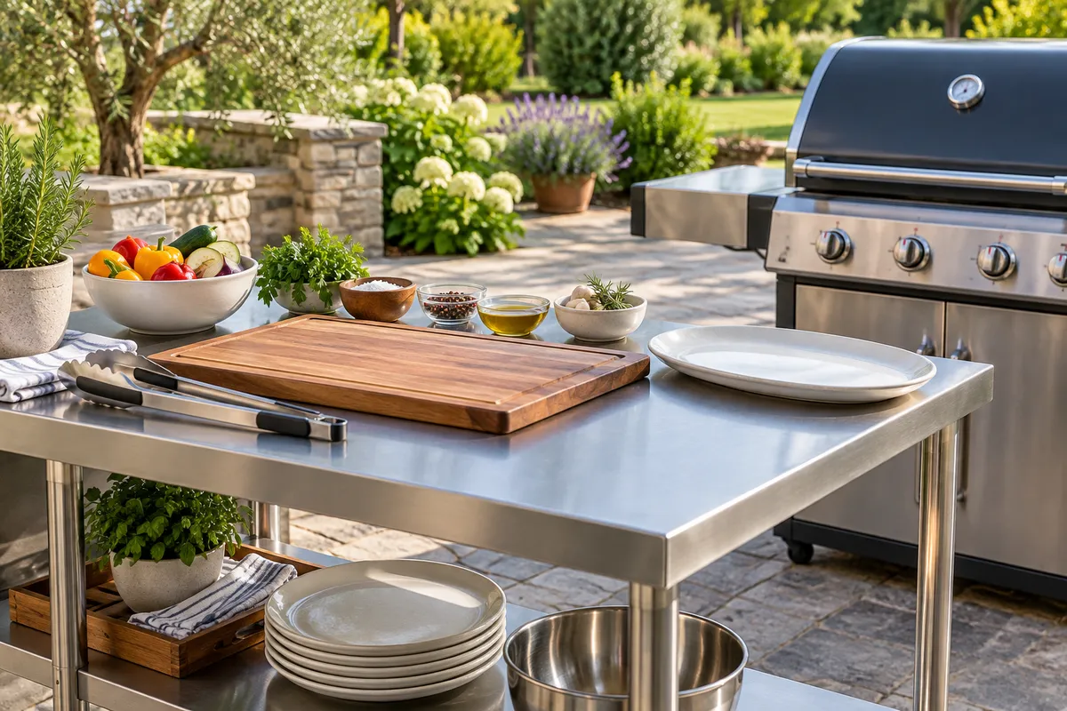 Ein Grill-Arbeitstisch mit Utensilien — KI-Illustration
