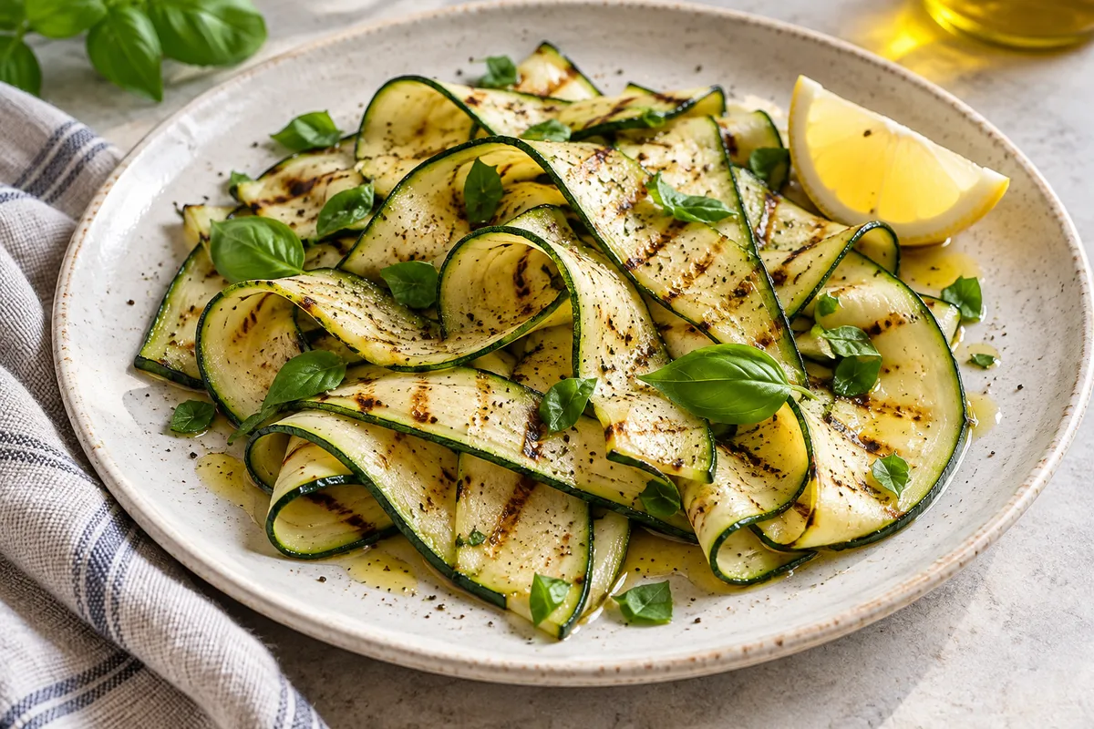 Gegrillte Zucchinibänder mit Basilikum und Zitrone — KI-Illustration